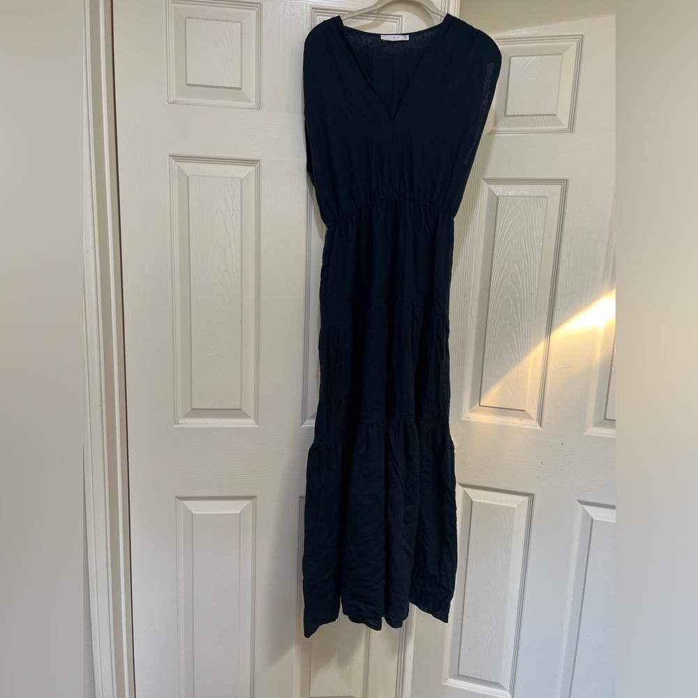 Made in italy linen blend blue tiered sleeveless maxi dress pockets summer sz L